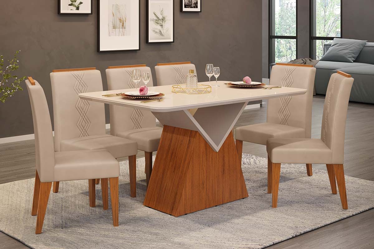 Sala de Jantar Completa Argo c/ Tampo Madeirado c/ Vidro Curvo 136x90cm e 6 Cadeiras Yasmim - DJ Móveis