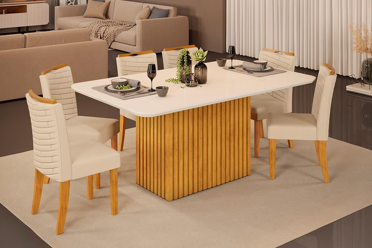 Sala de Jantar Completa Canes c/ Tampo Madeirado c/ Vidro Curvo 170x90cm e 6 Cadeiras Julia - DJ Móveis