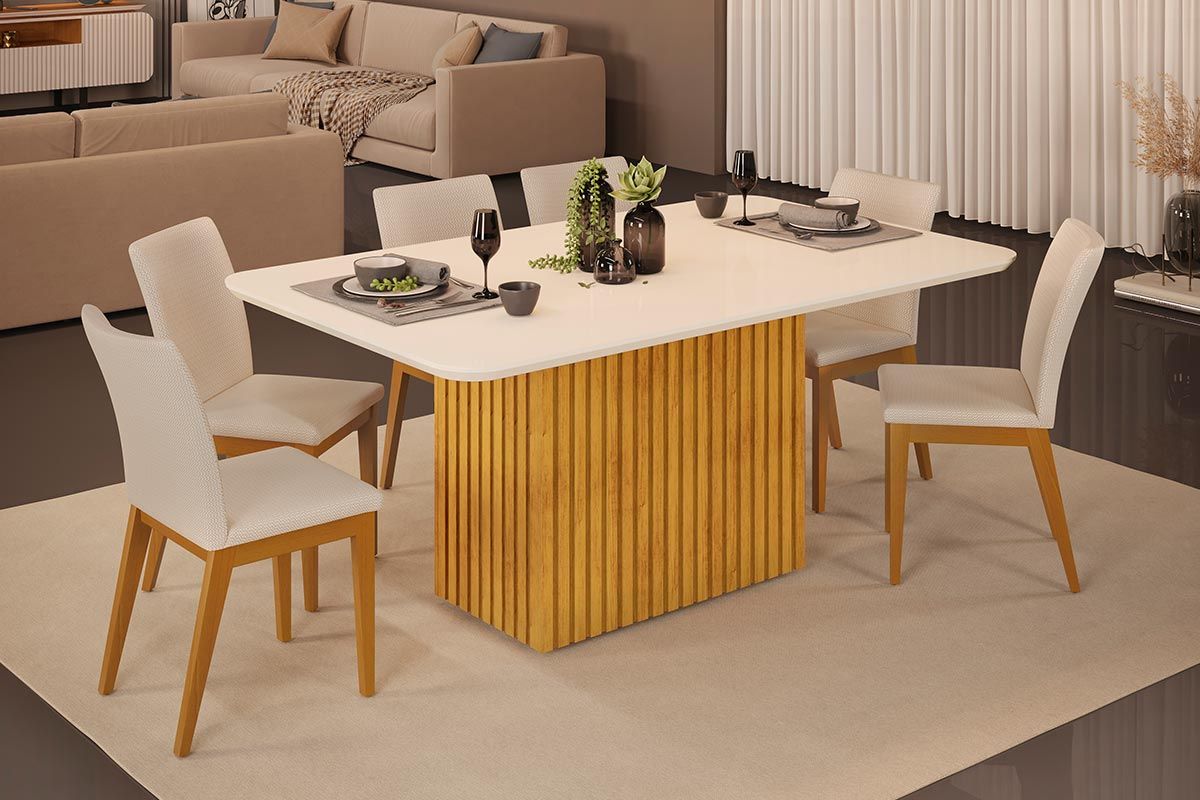 Sala de Jantar Completa Canes c/ Tampo Madeirado c/ Vidro Curvo 170x90cm e 6 Cadeiras Vitória - DJ Móveis