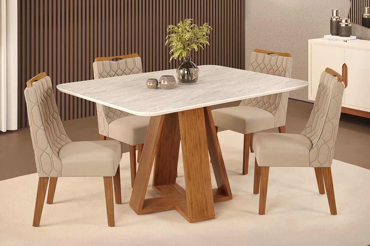 Sala de Jantar Completa Celeste c/ Tampo Madeirado Curvo 120x90cm e 4 Cadeiras Bia - DJ Móveis