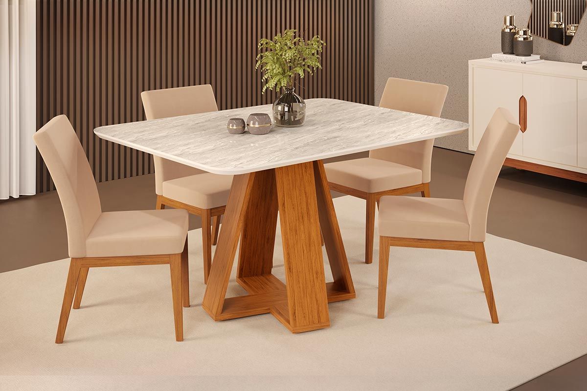 Sala de Jantar Completa Celeste c/ Tampo Madeirado Curvo 120x90cm e 4 Cadeiras Isadora - DJ Móveis