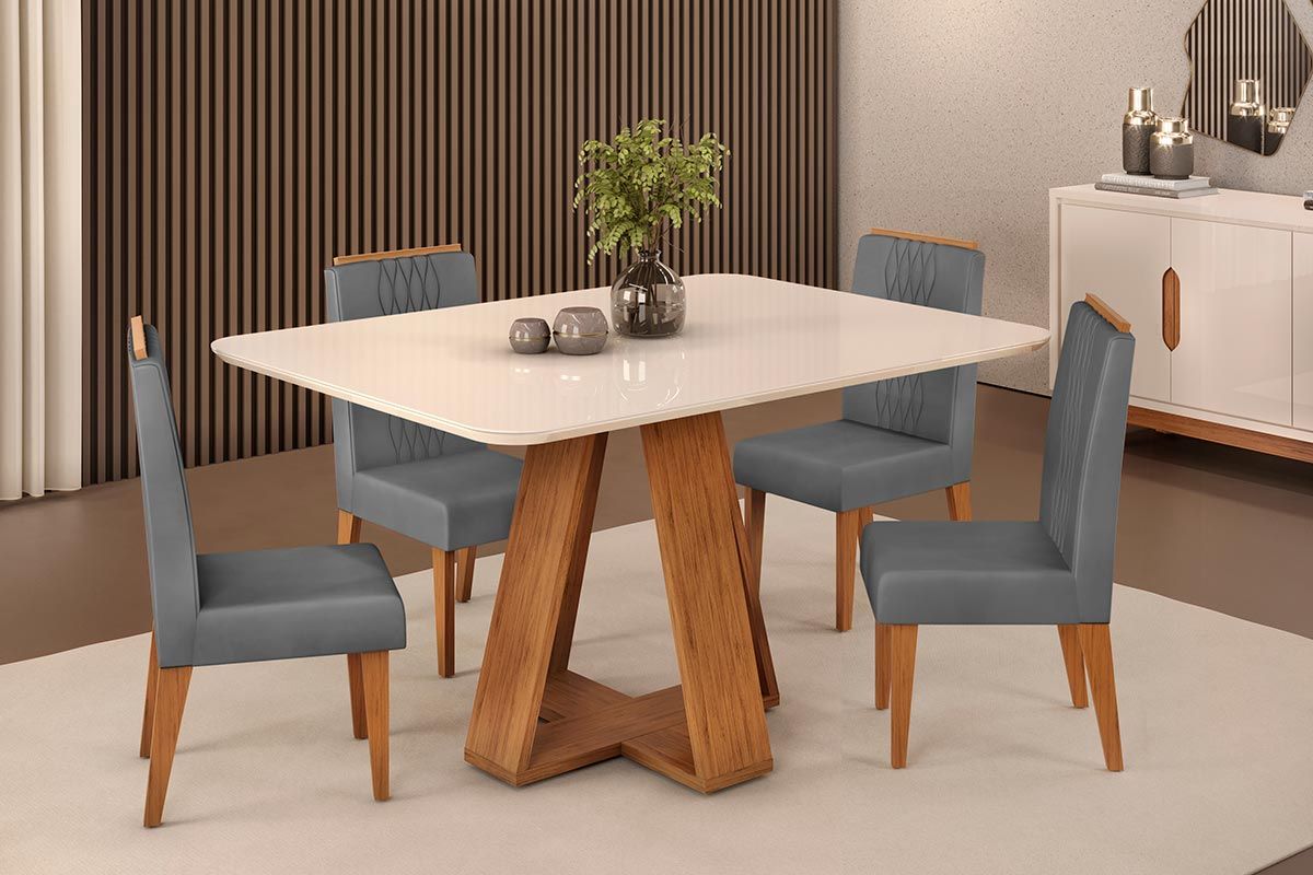 Sala de Jantar Completa Celeste c/ Tampo Madeirado c/ Vidro Curvo 120x90cm e 4 Cadeiras Lia - DJ Móveis