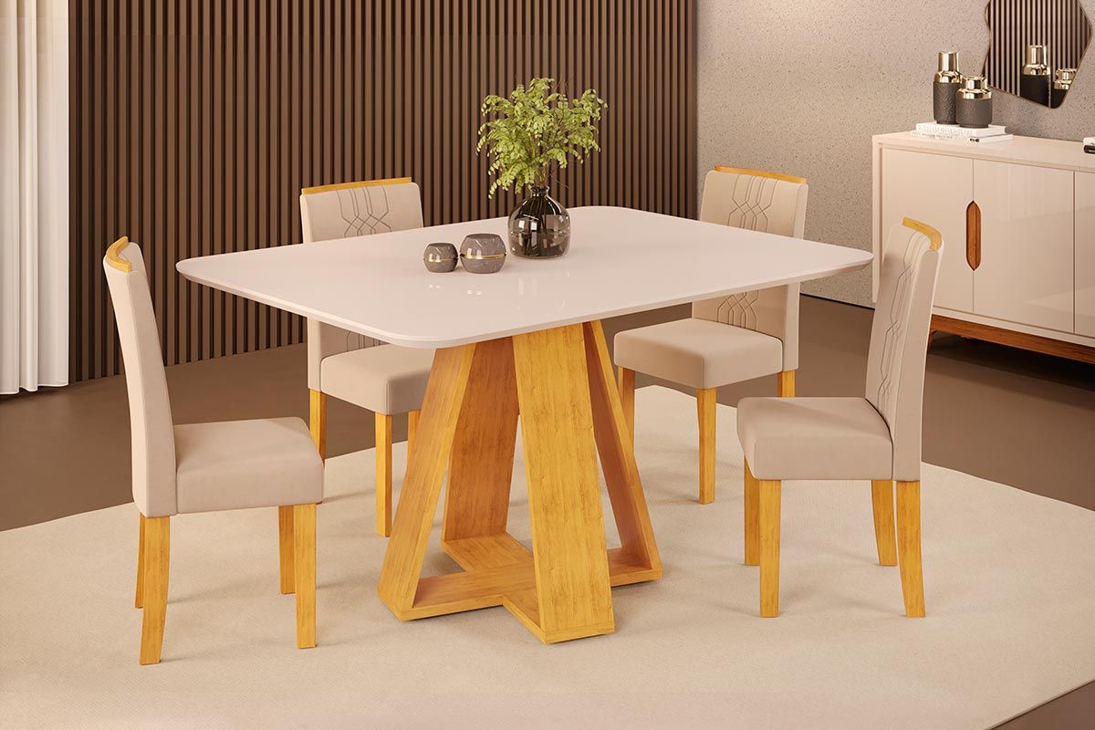 Sala de Jantar Completa Celeste c/ Tampo Madeirado c/ Vidro Curvo 120x90cm e 4 Cadeiras Zoe - DJ Móveis