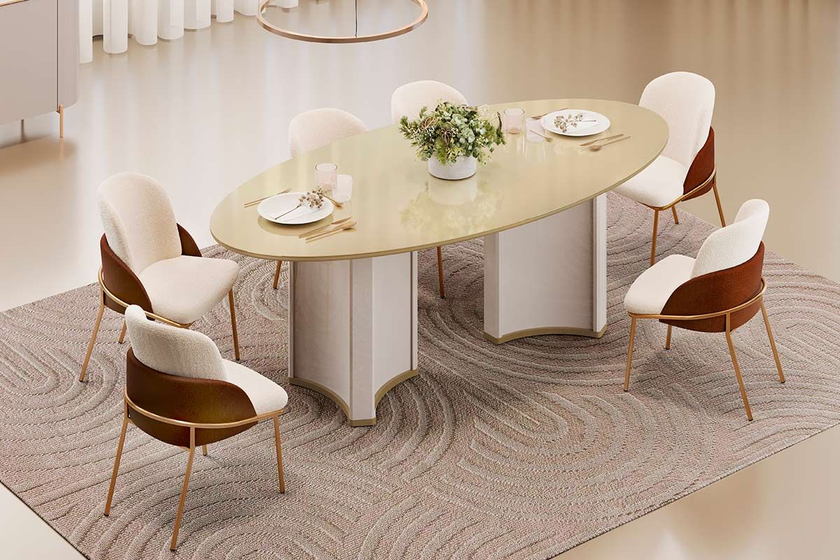 Sala de Jantar Completa Liz c/ Tampo Madeirado c/ Vidro Oval 218x108cm e 6 Cadeiras Vitta - DJ Móveis