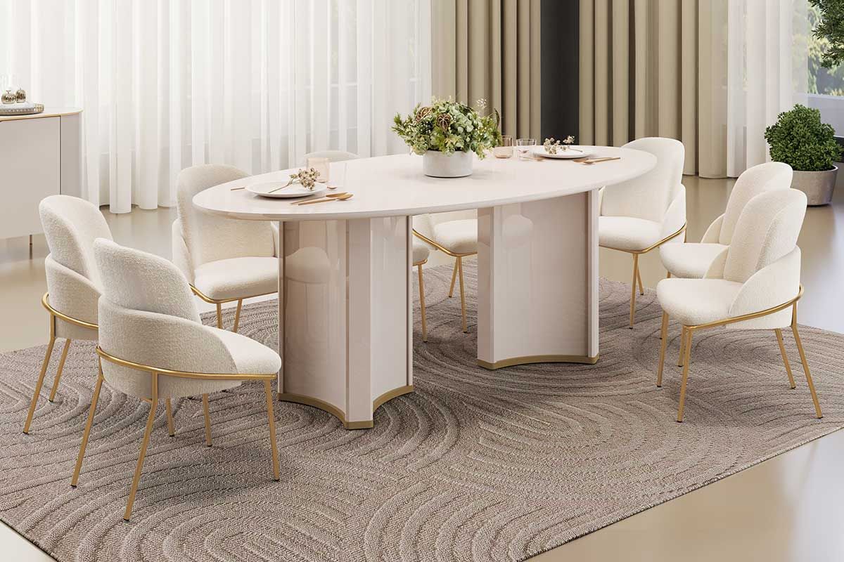Sala de Jantar Completa Liz c/ Tampo Madeirado c/ Vidro Oval 218x108cm e 8 Cadeiras Vitta - DJ Móveis