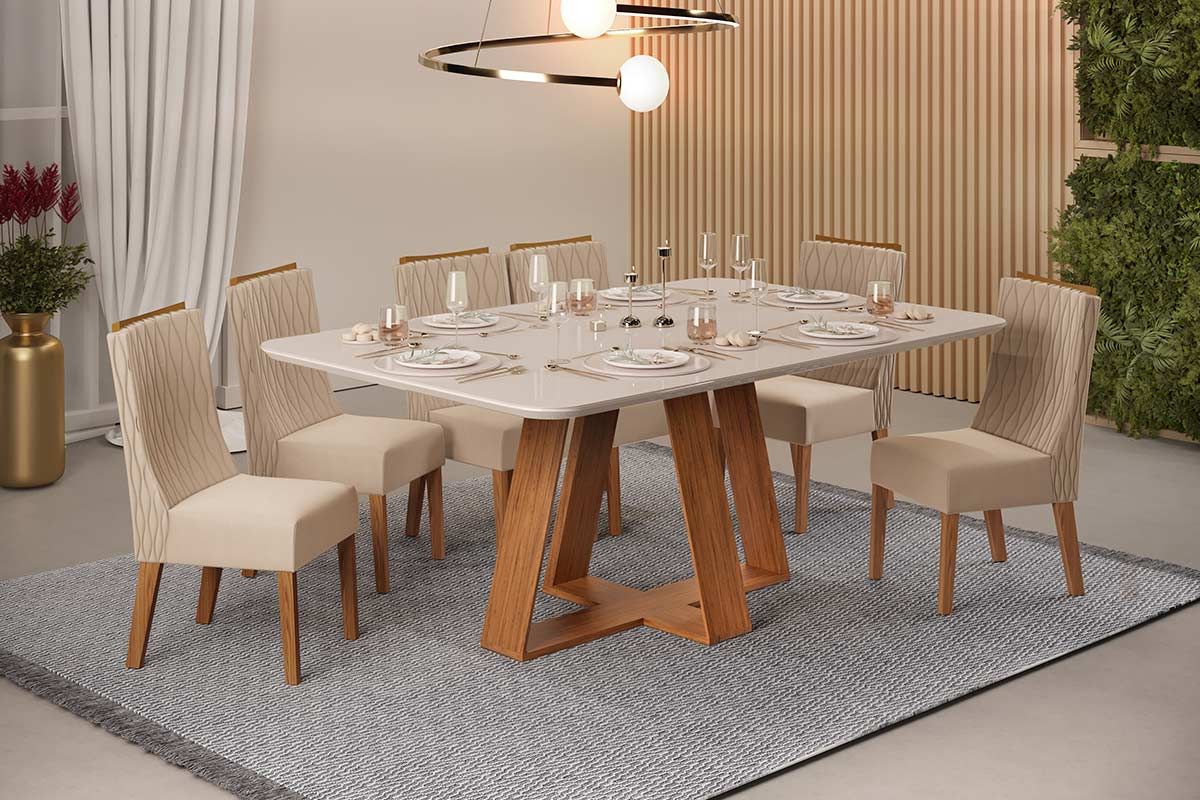 Sala de Jantar Completa Celeste c/ Tampo Madeirado c/ Vidro Retangular 160x90cm e 6 Cadeiras Jade - DJ Móveis