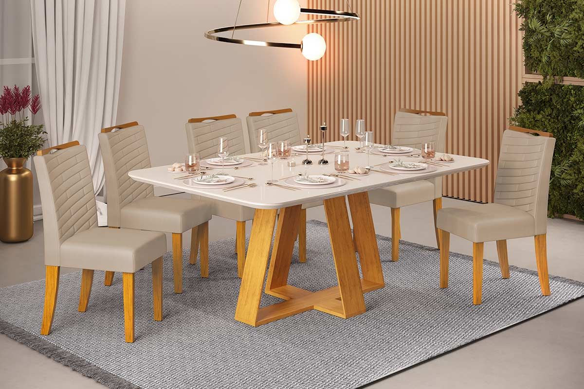Sala de Jantar Completa Celeste c/ Tampo Madeirado c/ Vidro Retangular 160x90cm e 6 Cadeiras Julia - DJ Móveis