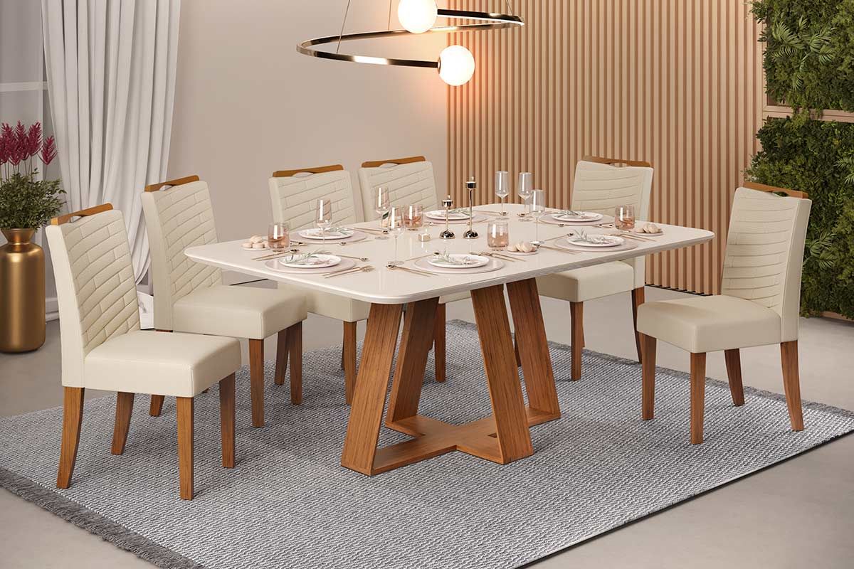 Sala de Jantar Completa Celeste c/ Tampo Madeirado c/ Vidro Retangular 160x90cm e 6 Cadeiras Julia - DJ Móveis