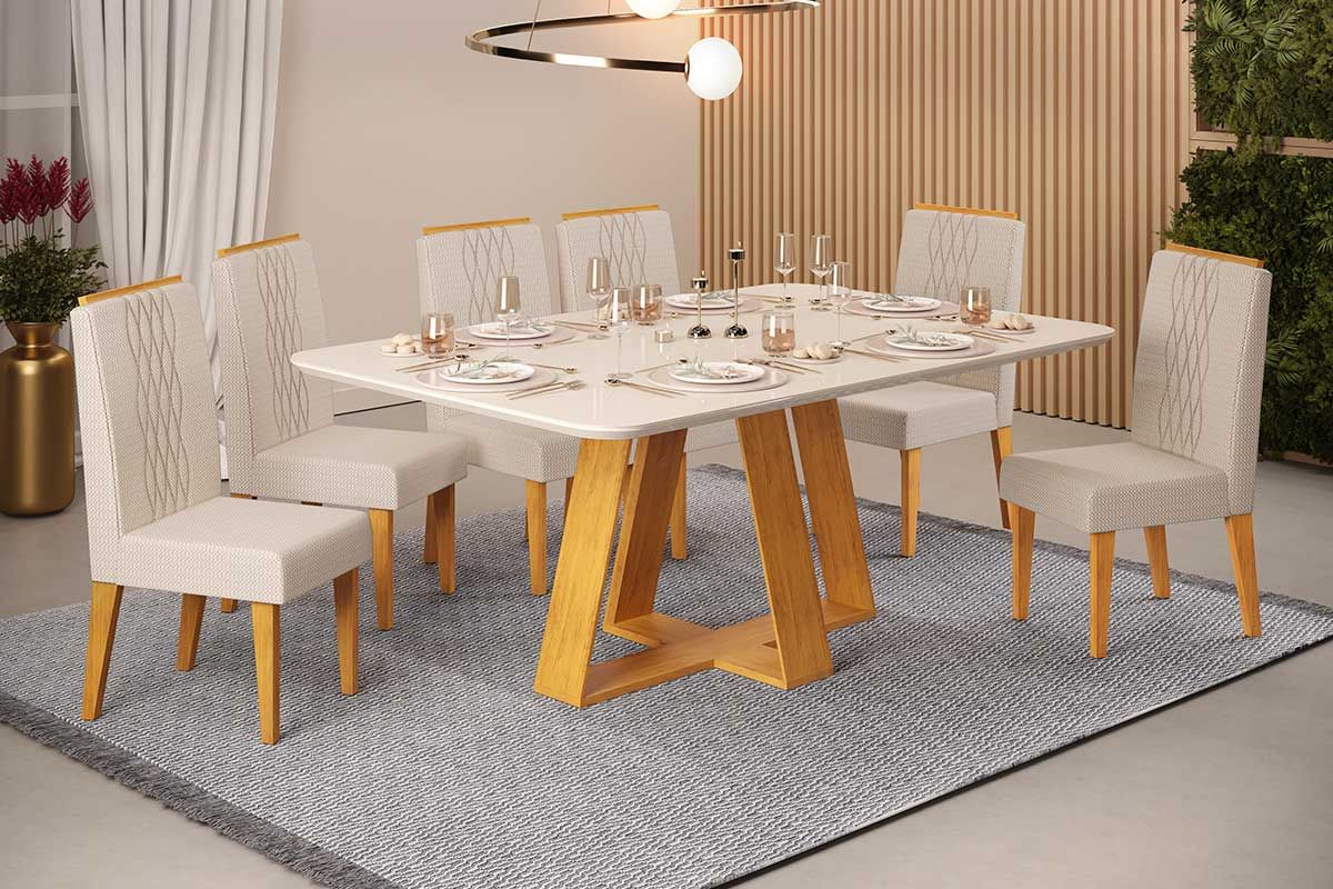 Sala de Jantar Completa Celeste c/ Tampo Madeirado c/ Vidro Retangular 160x90cm e 6 Cadeiras Lia - DJ Móveis