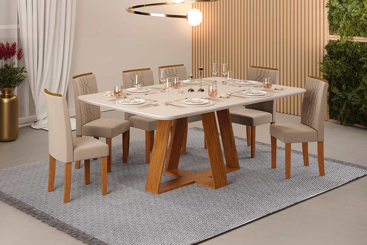 Sala de Jantar Completa Celeste c/ Tampo Madeirado c/ Vidro Retangular 160x90cm e 6 Cadeiras Zoe - DJ Móveis