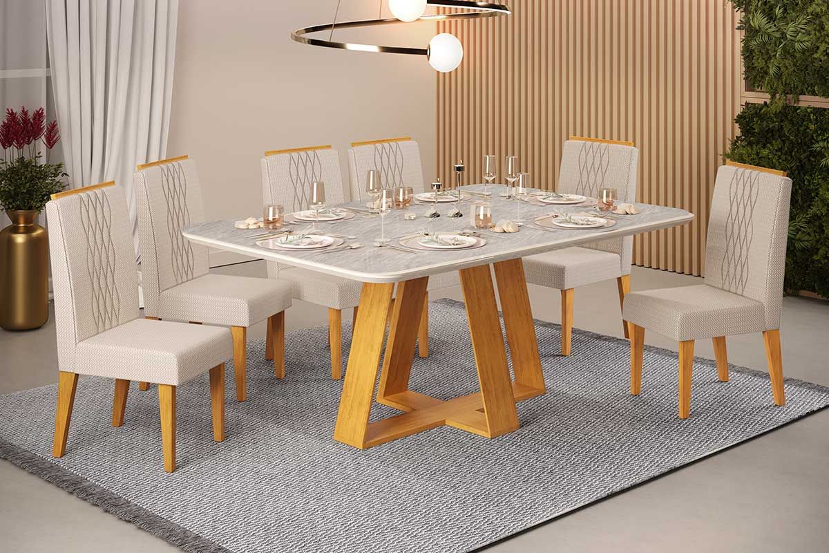 Sala de Jantar Completa Celeste c/ Tampo Madeirado Retangular 170x90cm e 6 Cadeiras Lia - DJ Móveis