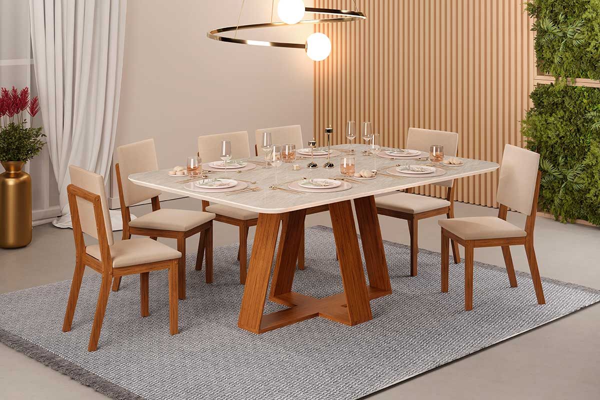 Sala de Jantar Completa Celeste c/ Tampo Madeirado Retangular 170x90cm e 6 Cadeiras Talia - DJ Móveis