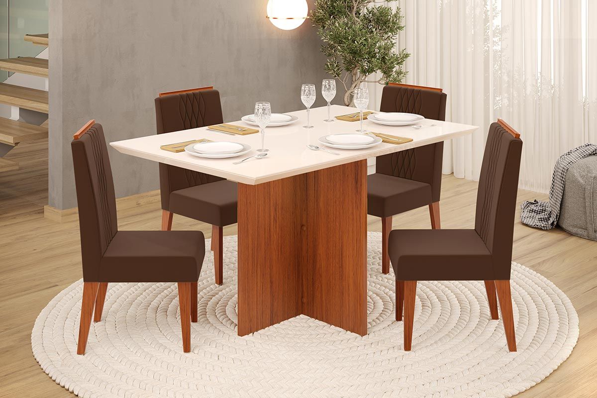 Sala de Jantar Completa Hera c/ Tampo Madeirado c/ Vidro Reto 120x90cm e 4 Cadeiras Lia - DJ Móveis