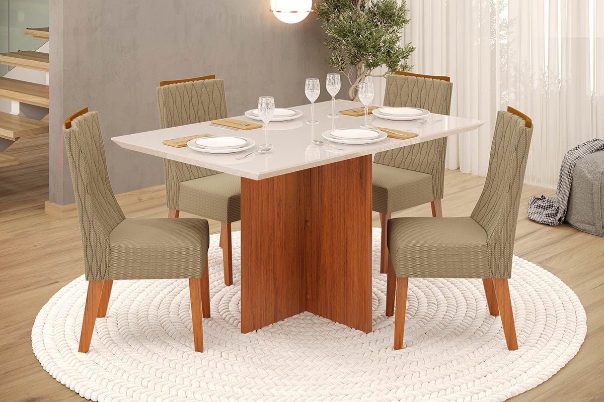 Sala de Jantar Completa Hera c/ Tampo Madeirado c/ Vidro Reto 120x90cm e 4 Cadeiras Jade - DJ Móveis