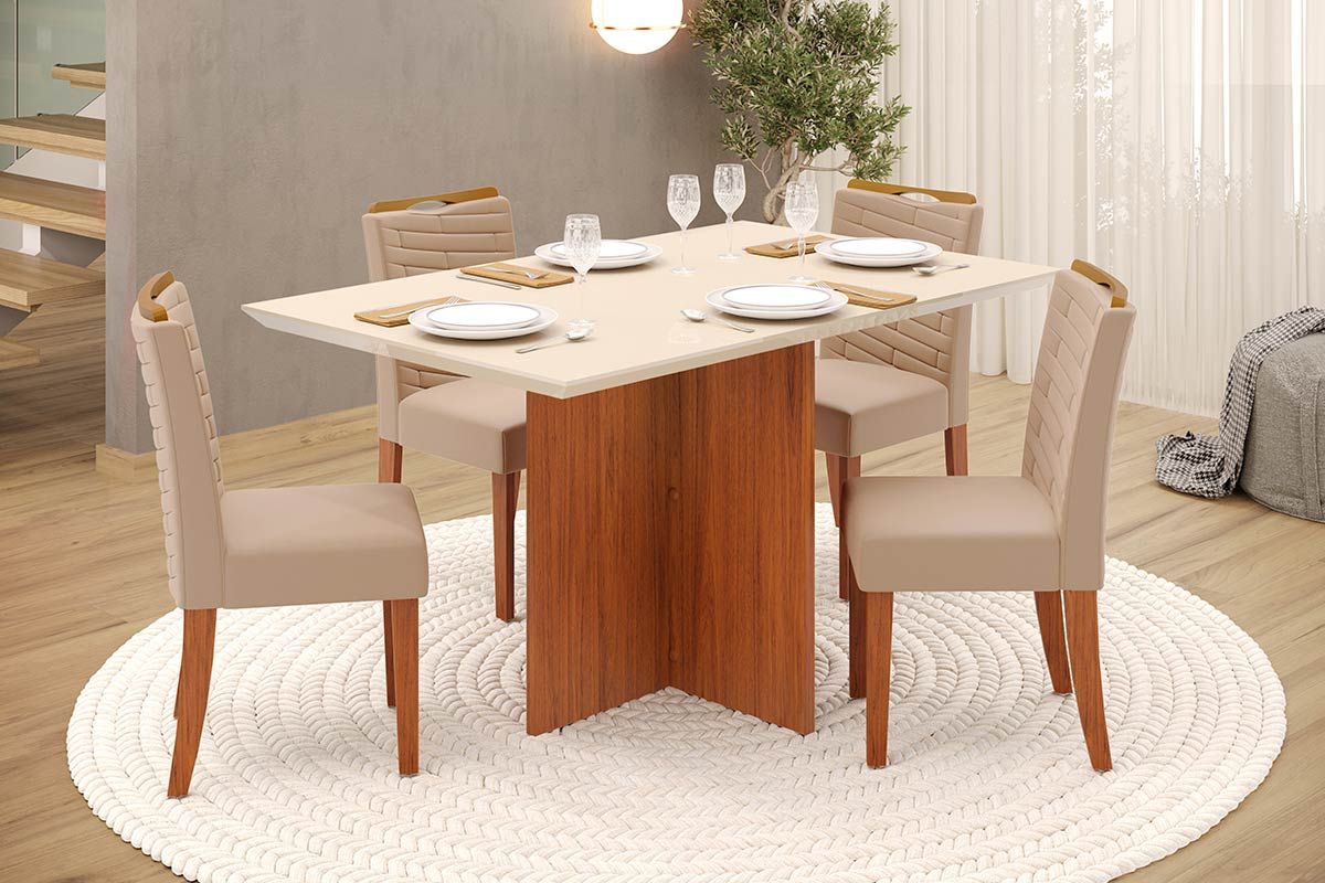 Sala de Jantar Completa Hera c/ Tampo Madeirado c/ Vidro Reto 120x90cm e 4 Cadeiras Julia - DJ Móveis