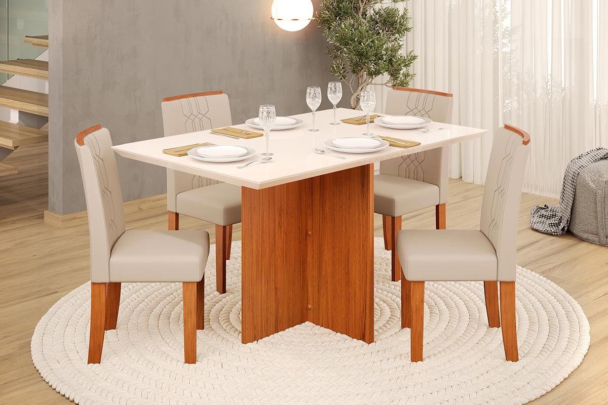 Sala de Jantar Completa Hera c/ Tampo Madeirado c/ Vidro 120x90cm e 4 Cadeiras Zoe - DJ Móveis