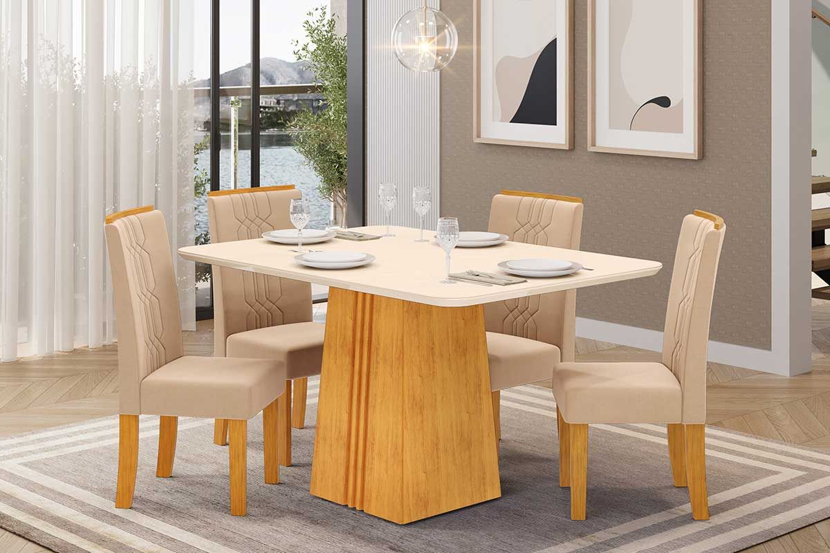 Sala de Jantar Completa Italia c/ Tampo Madeirado c/ Vidro 120x90cm e 4 Cadeiras Zoe - DJ Móveis