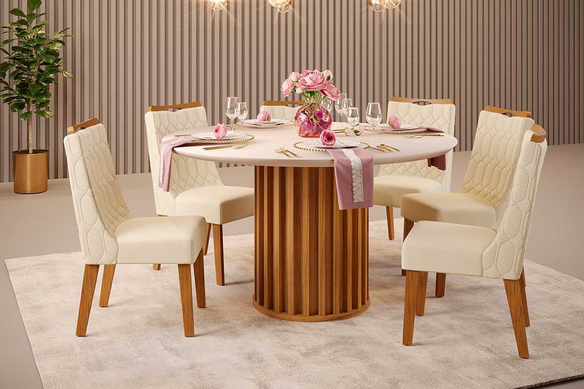Sala de Jantar Completa Viena c/ Tampo Madeirado c/ Vidro 136x136cm e 6 Cadeiras Bia - DJ Móveis