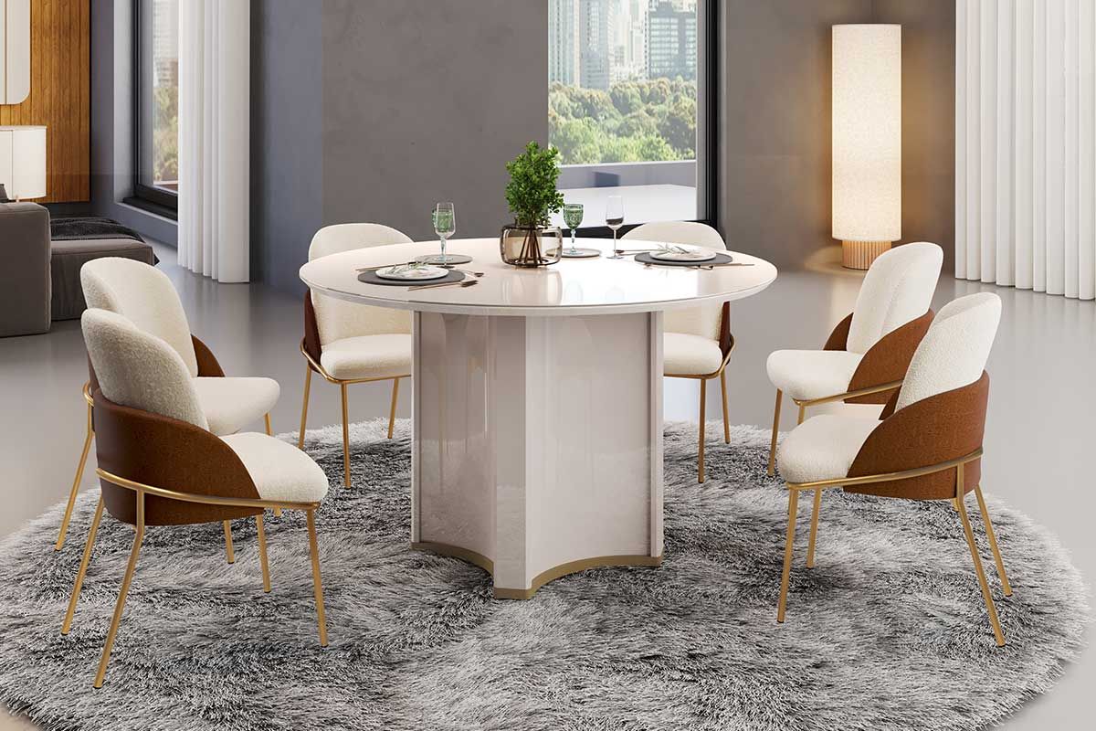 Sala de Jantar Completa Chanel c/ Tampo Madeirado c/ Vidro Redondo 136x136cm e 6 Cadeiras Vitta - DJ Móveis
