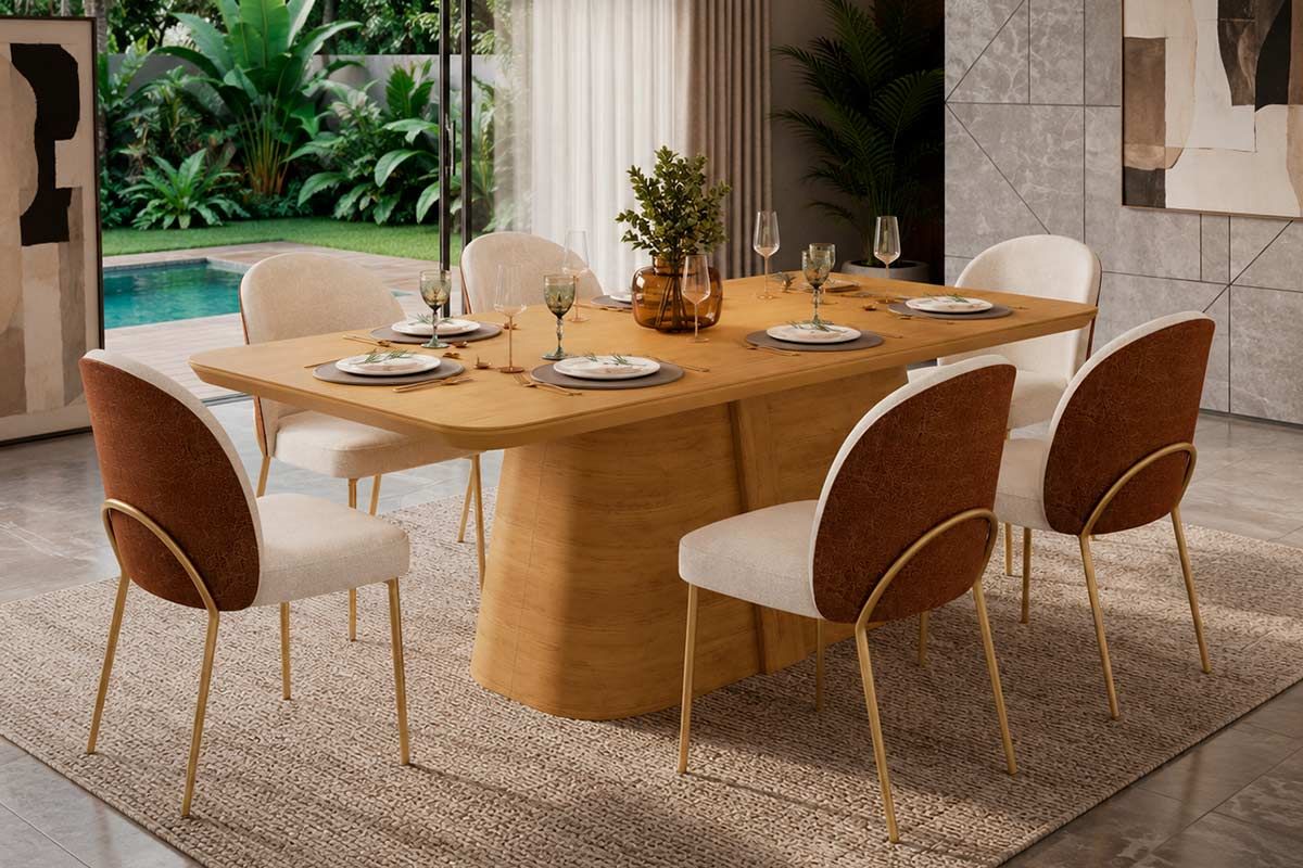 Sala Jantar Mesa Ryze c/Tampo MDF Curvo 170x90cm e 6 Cadeiras Lizy - DJ Móveis