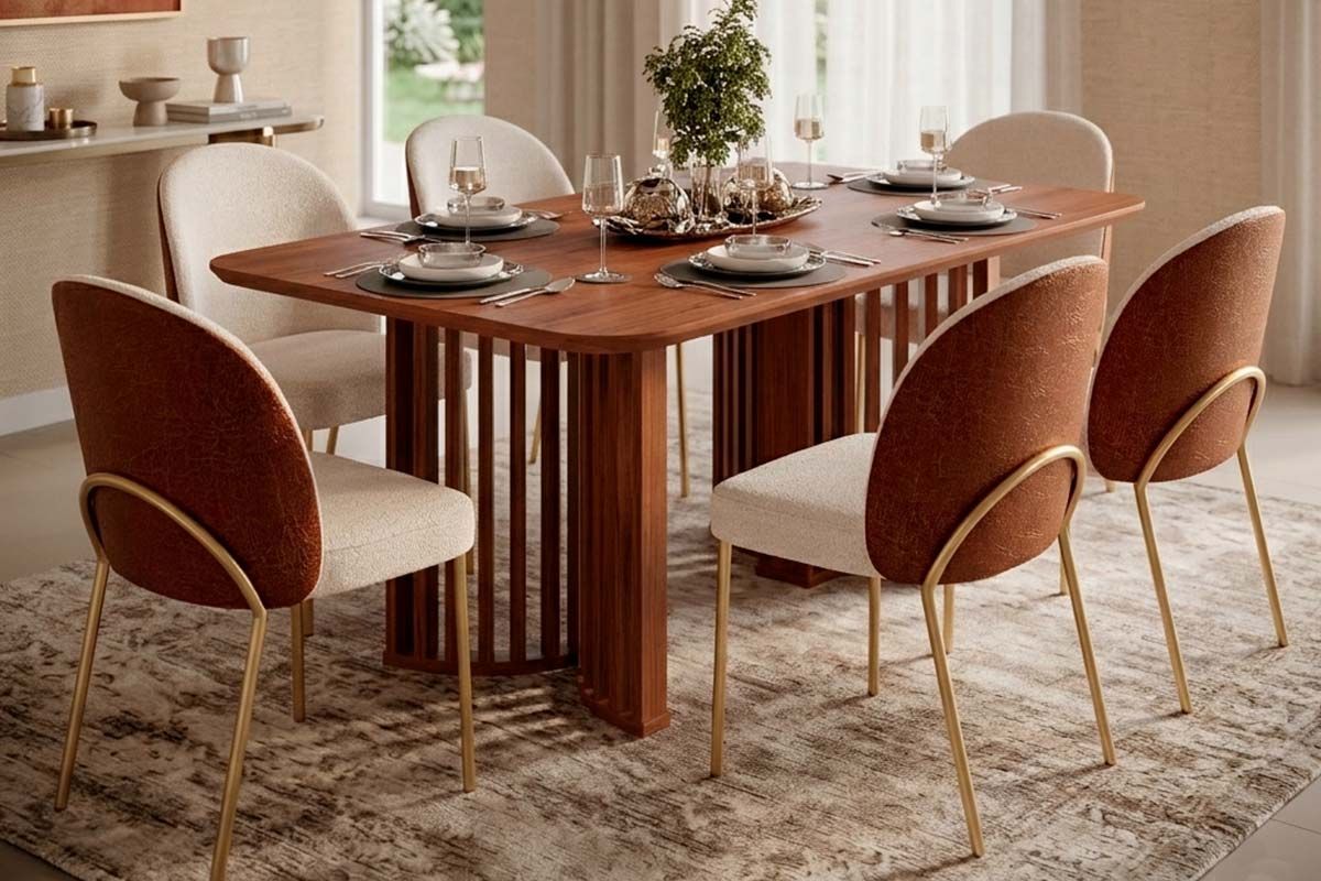 Sala Jantar Mesa Luma c/Tampo MDF Curvo 170x90cm e 6 Cadeiras Lizy - DJ Móveis